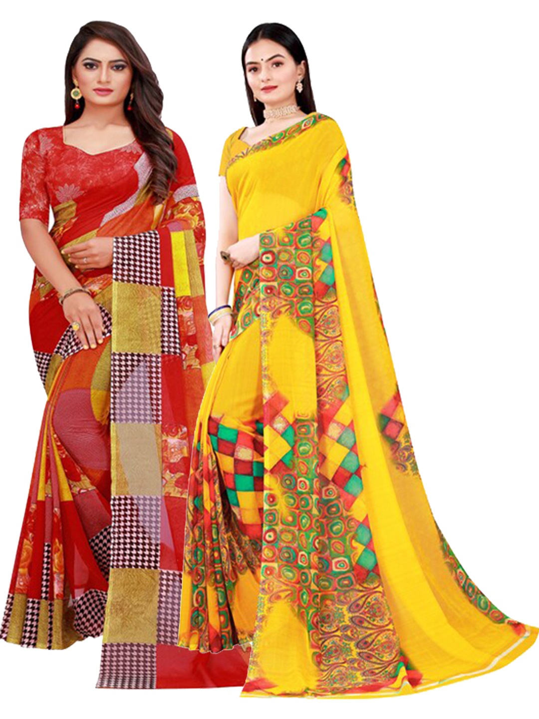 

KALINI Yellow & Red Pure Georgette Saree