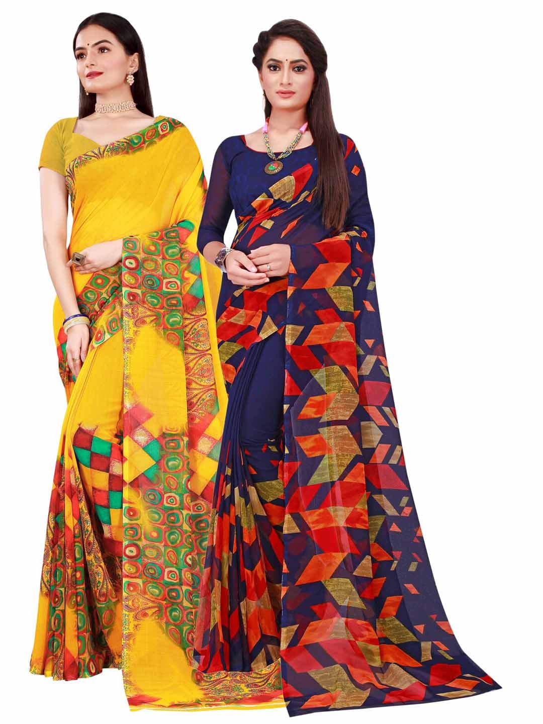 

KALINI Pack of 2 Yellow & Navy Blue Printed Pure Georgette Saree