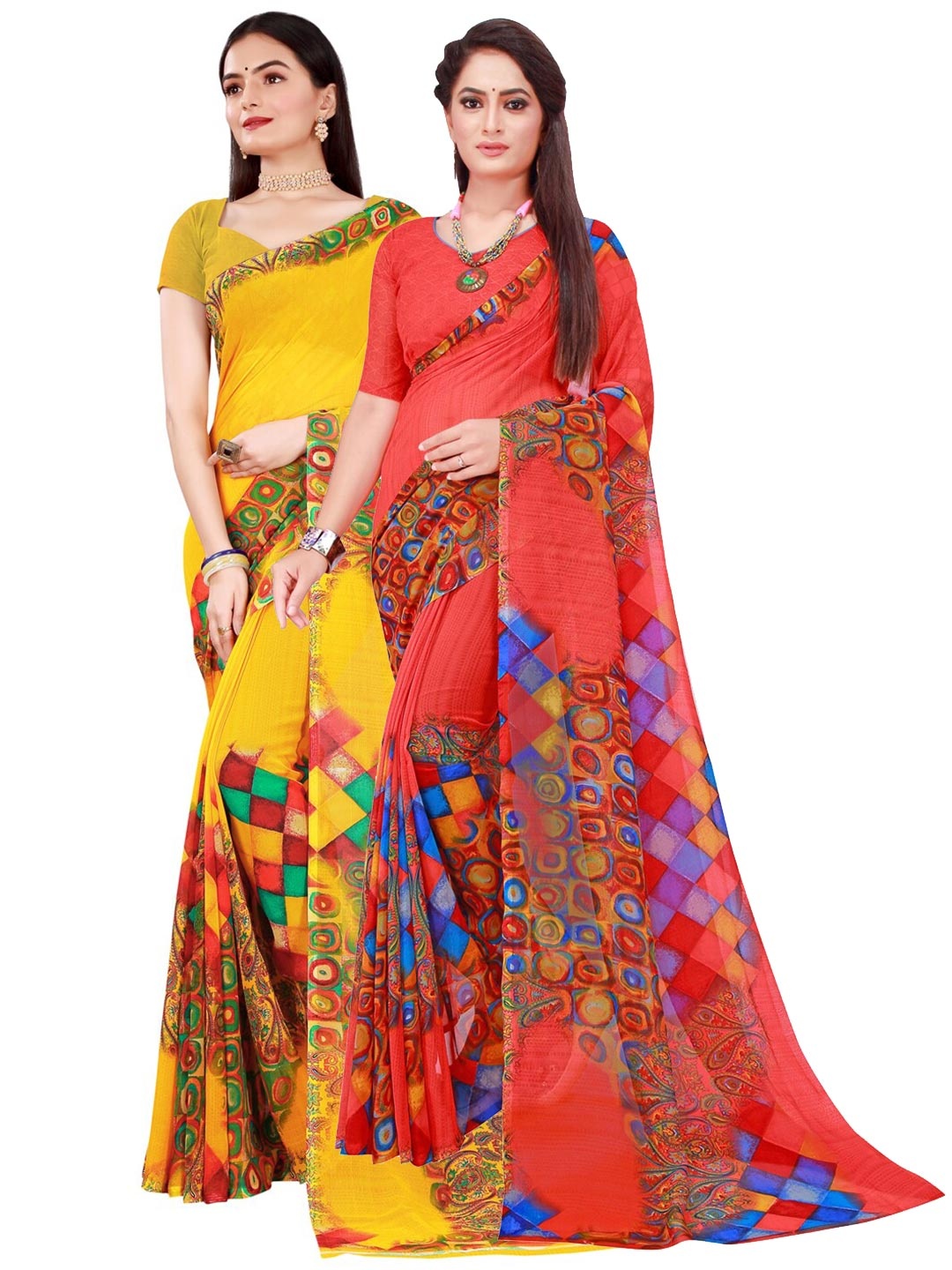 

KALINI Pack of 2 Yellow & Red Printed Pure Georgette Saree