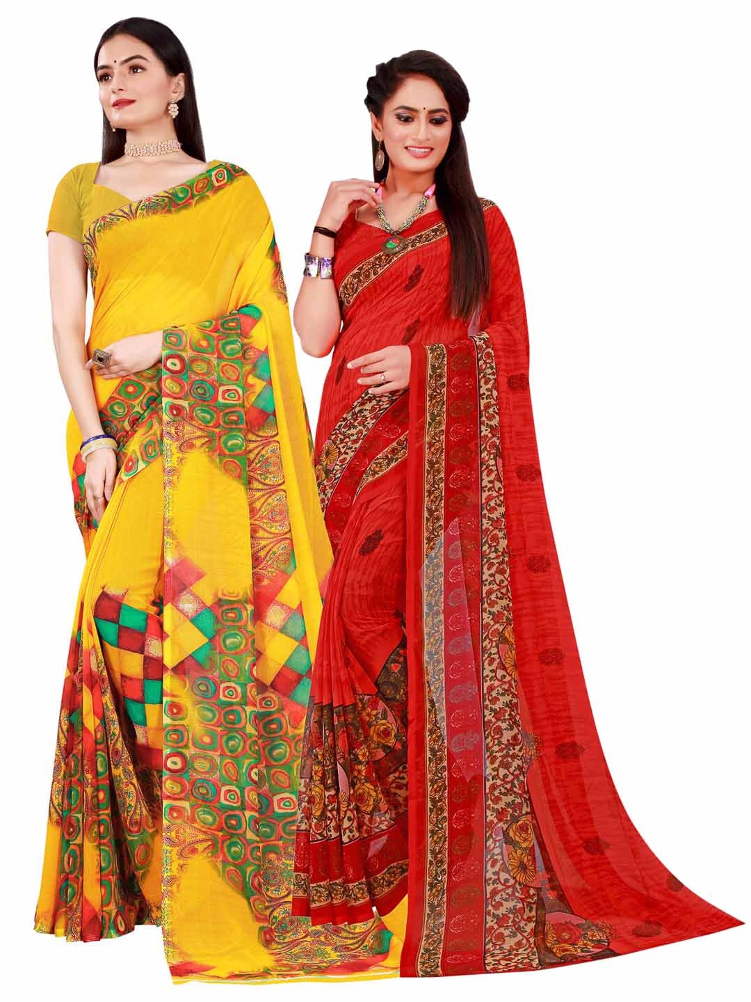 

KALINI Pack of 2 Yellow & Red Floral Pure Georgette Saree