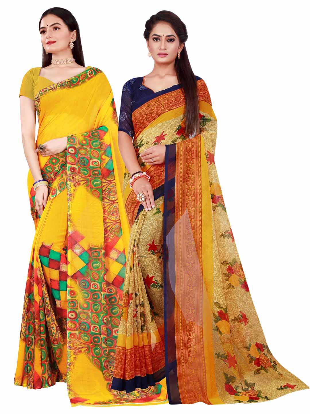 

KALINI Pack of 2 Yellow & Beige Floral Pure Georgette Saree