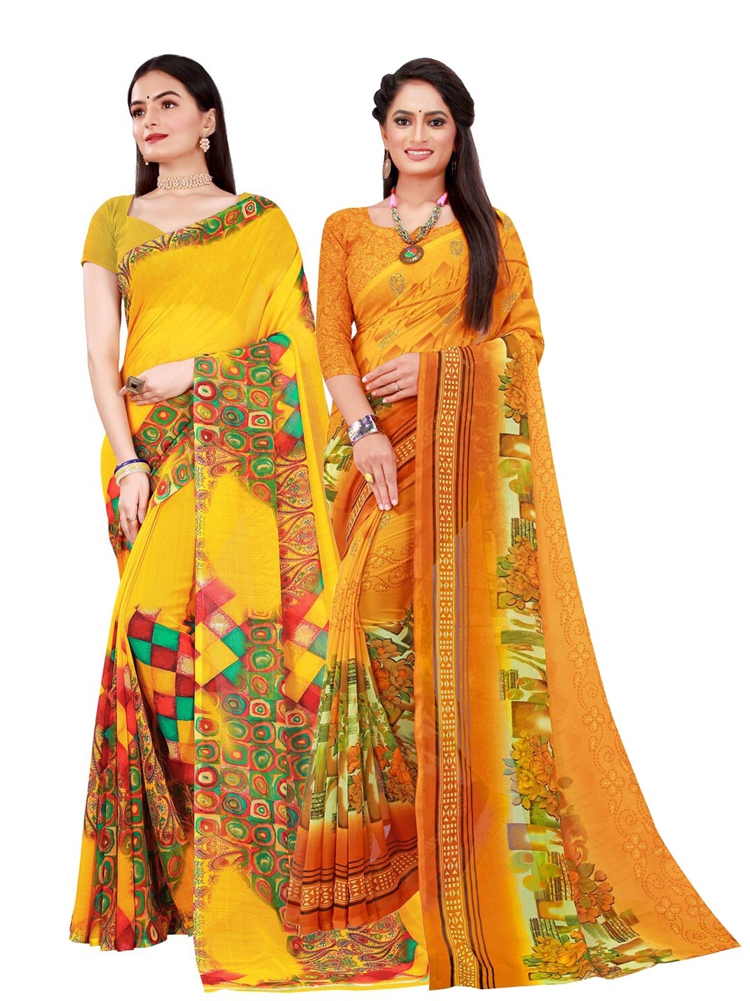 

KALINI Pack of 2 Women Yellow & Green Pure Georgette Saree