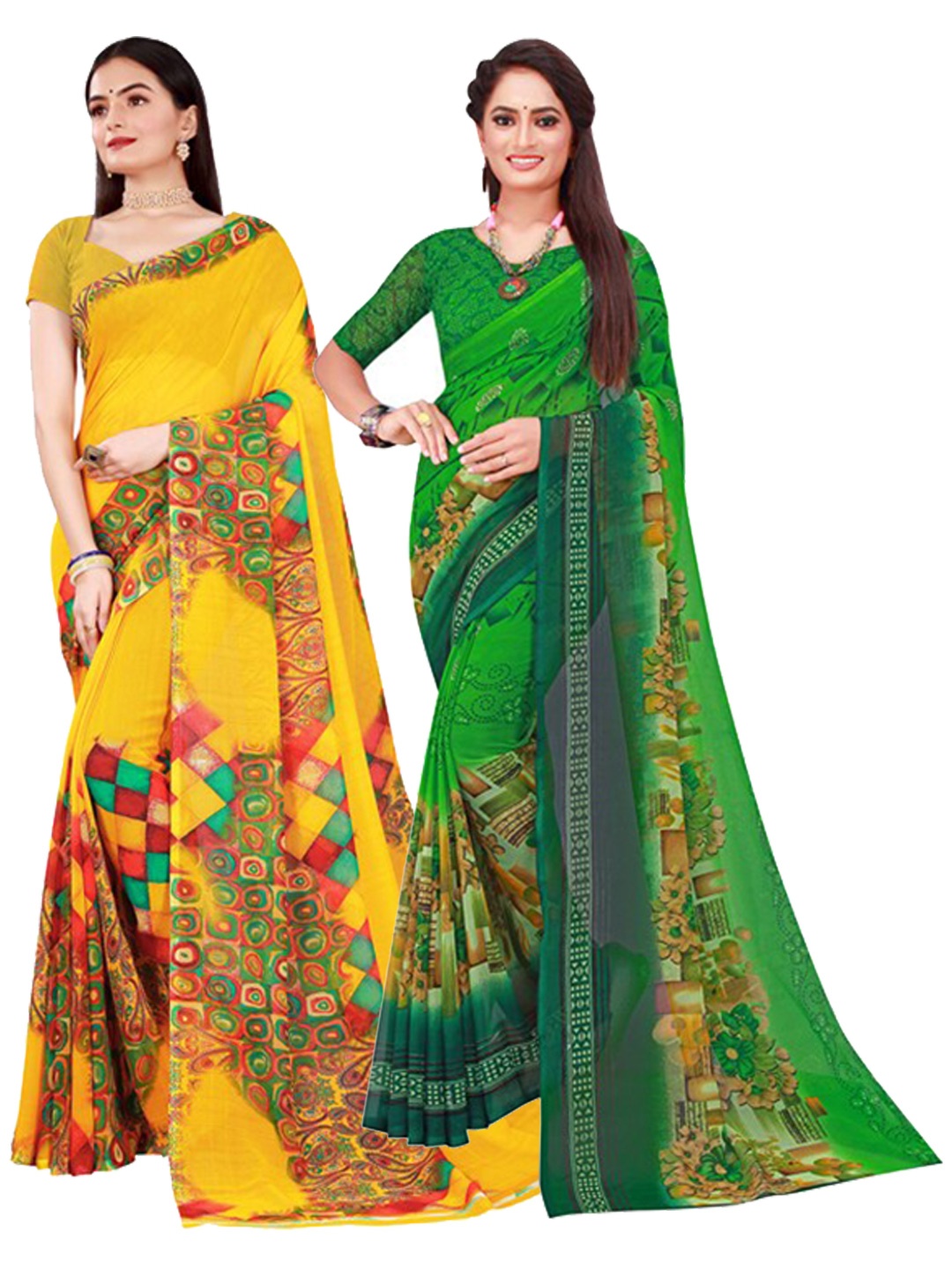 

KALINI Women Yellow & Green Pure Georgette Saree