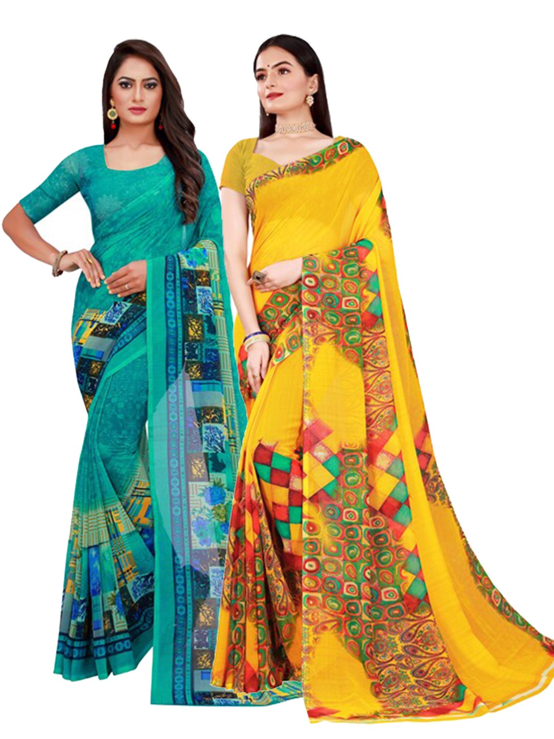 

KALINI Women Pack of 2 Yellow & Turquoise Blue Geometric Printed Pure Georgette Saree