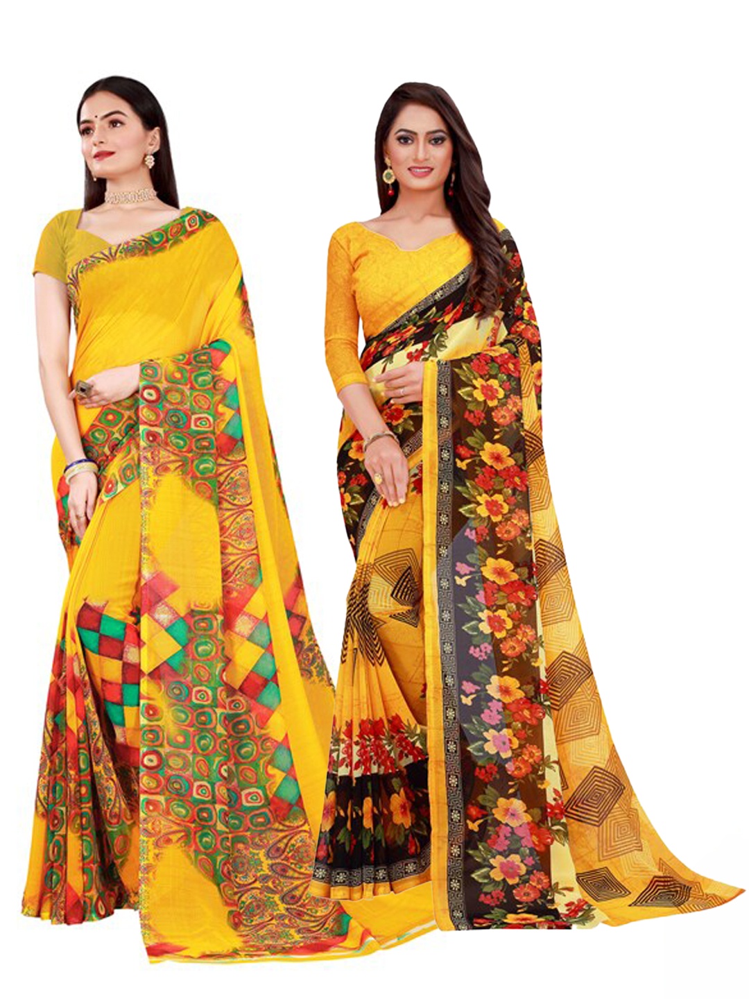 

KALINI Pack of 2 Yellow & Red Pure Georgette Saree