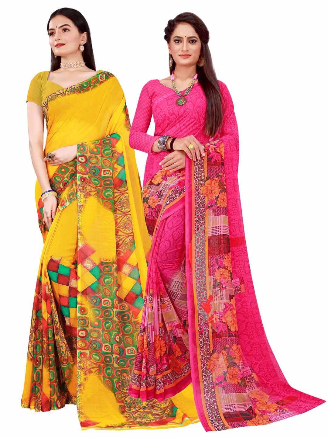 

KALINI Pack Of 2 Yellow & Magenta Printed Pure Georgette Saree With Unstitched Blouse
