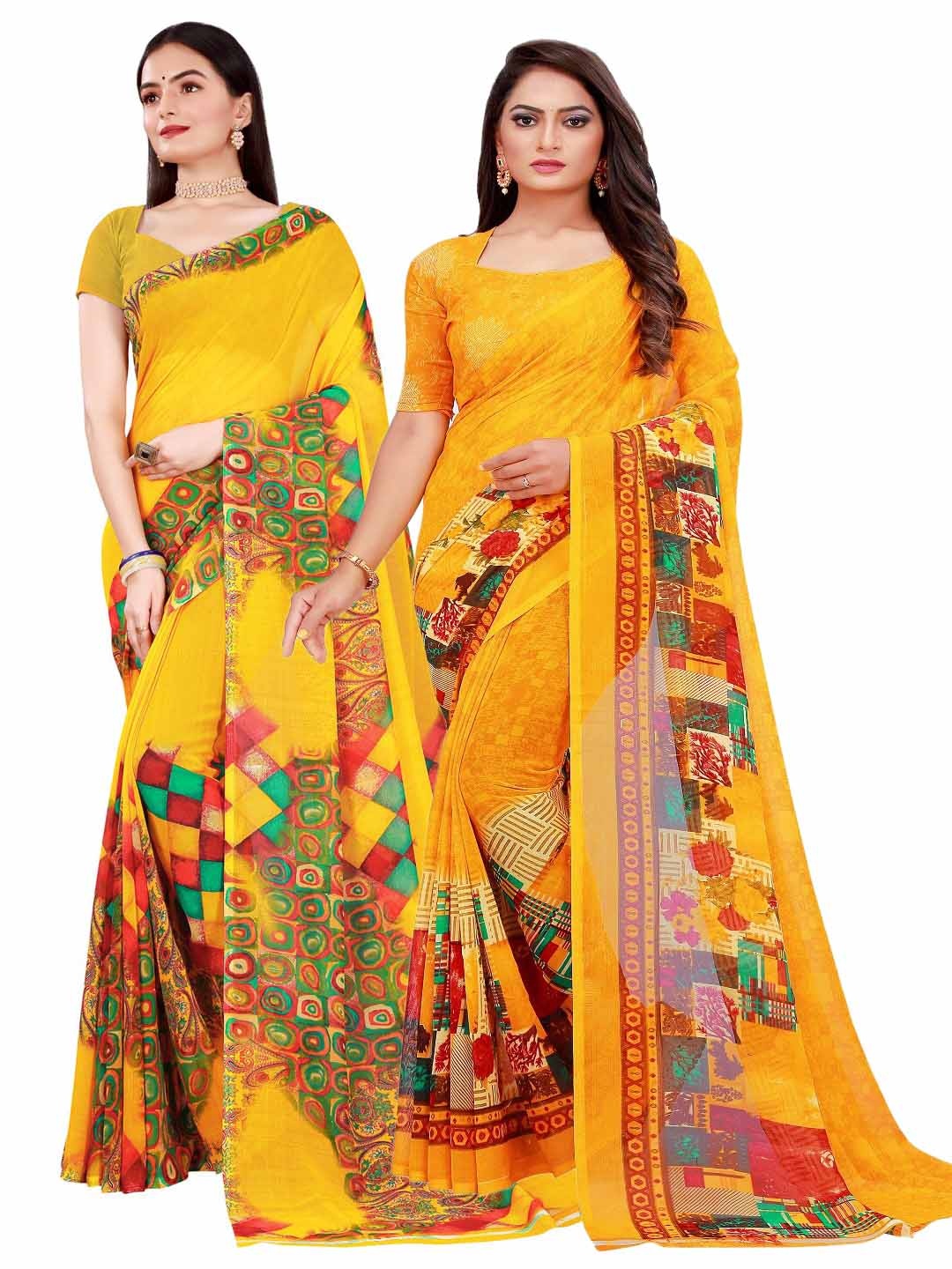 

KALINI Pack of 2 Yellow & Red Floral Pure Georgette Saree