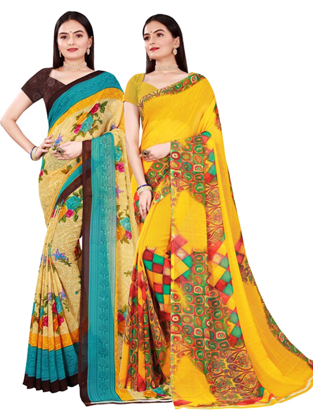 

KALINI Women Pack Of 2 Yellow & Beige Printed Pure Georgette Saree