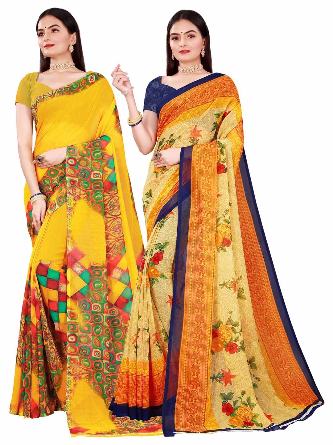 

KALINI Pack of 2 Yellow & Beige Ethnic Motifs Pure Georgette Saree