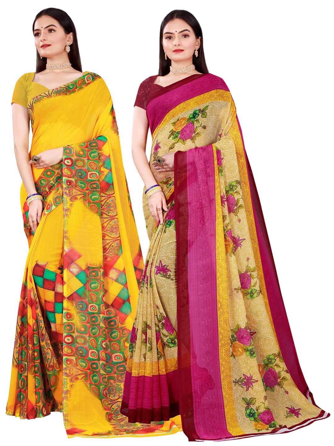 

KALINI Pack of 2 Yellow & Beige Pure Georgette Sarees