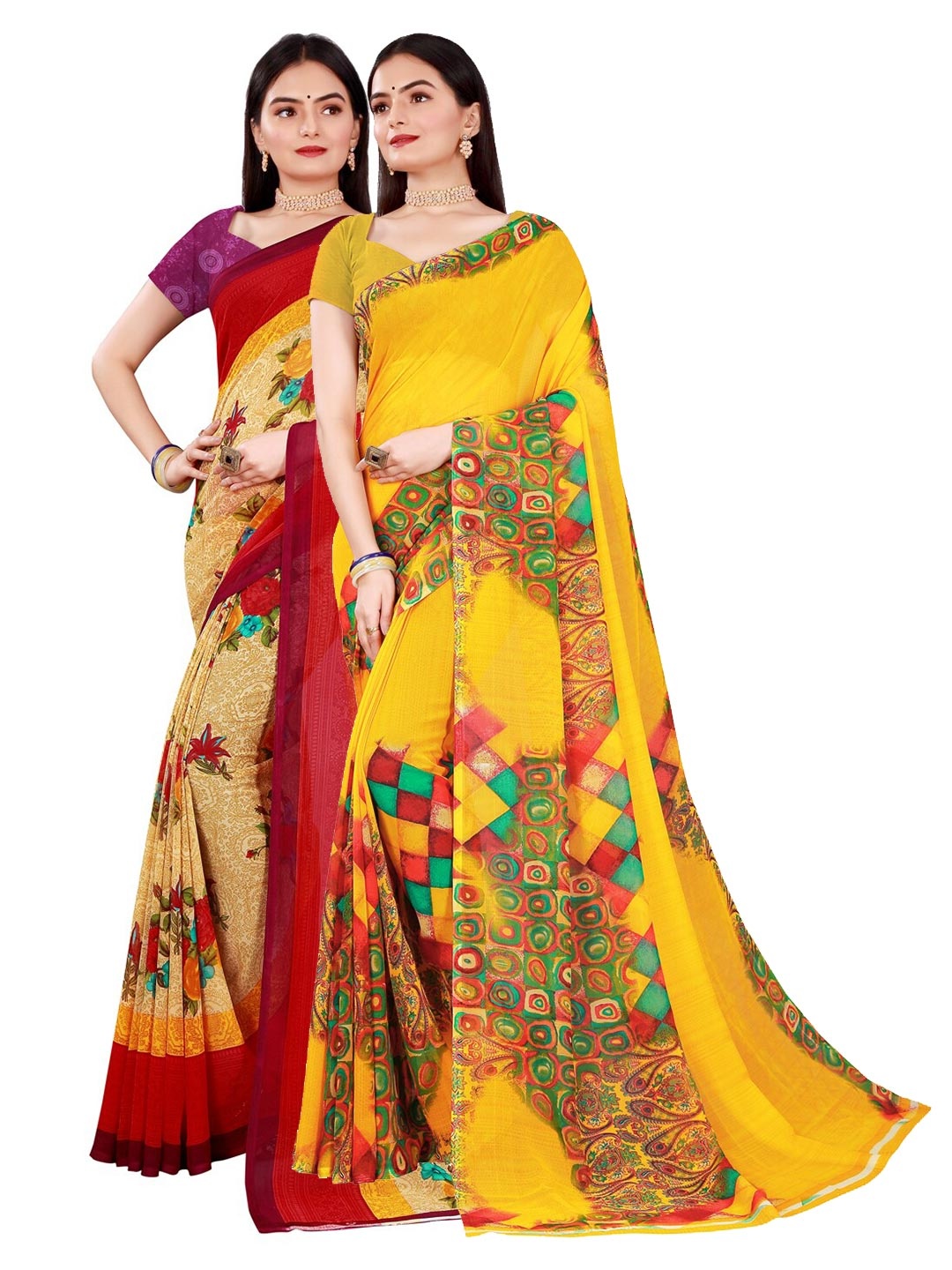 

KALINI Yellow & Beige Floral Pure Georgette Pack Of 2 Saree