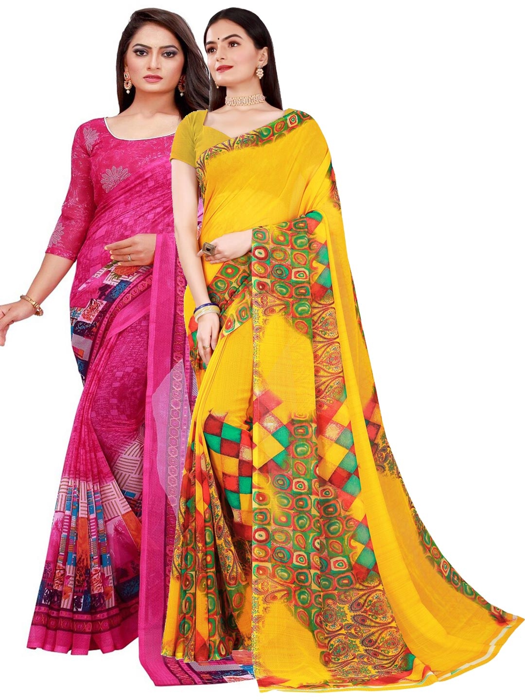 

KALINI Yellow & Magenta Pack Of 2 Pure Georgette Saree