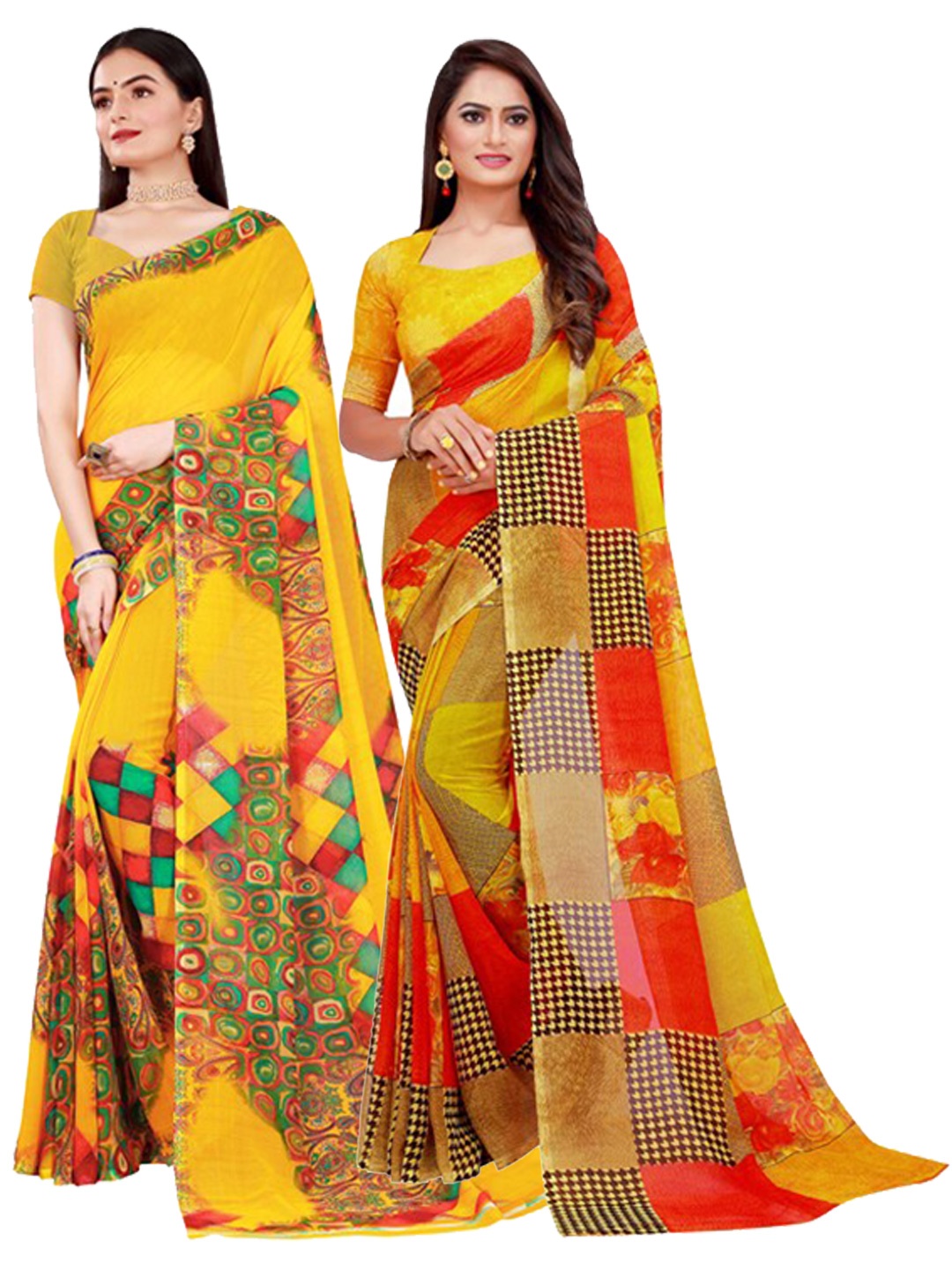 

KALINI Pack of 2 Yellow & Red Geometric Pure Georgette Saree