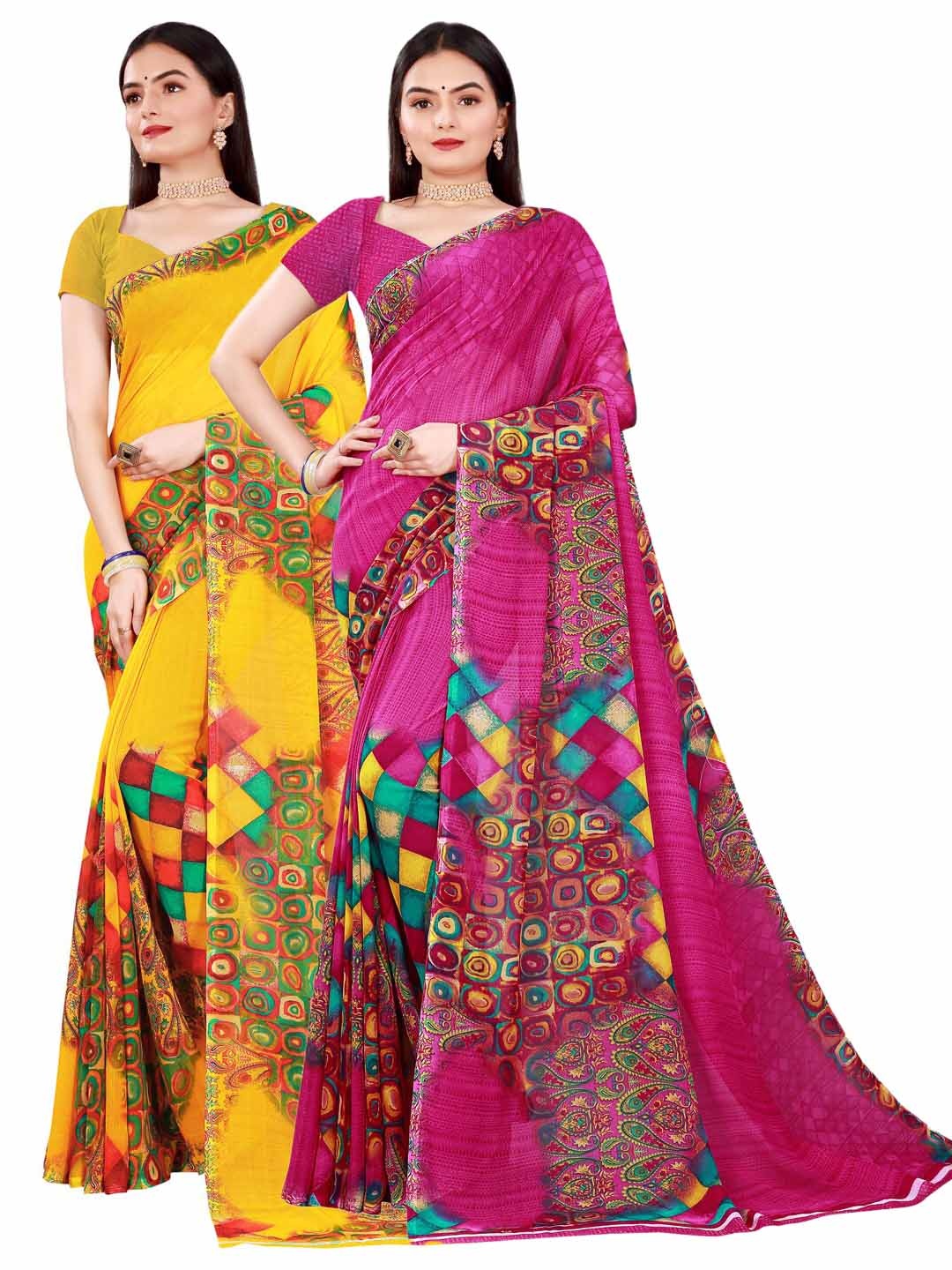 

KALINI Set Of 2 Yellow & Magenta Pure Georgette Saree