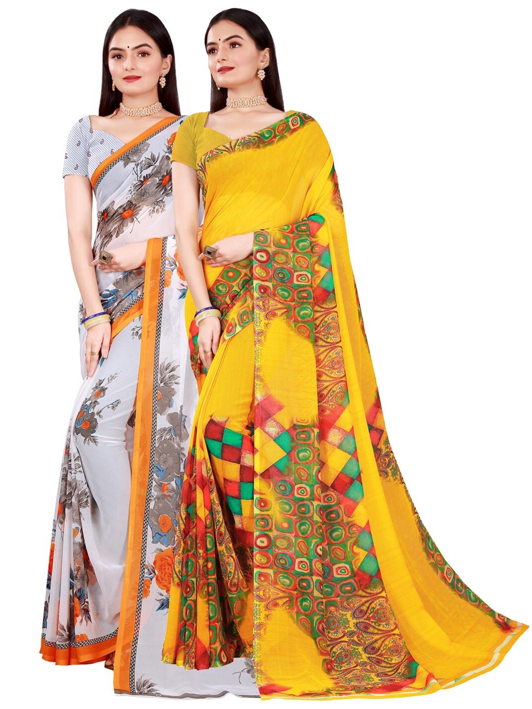 

KALINI Yellow & White Pure Georgette Saree