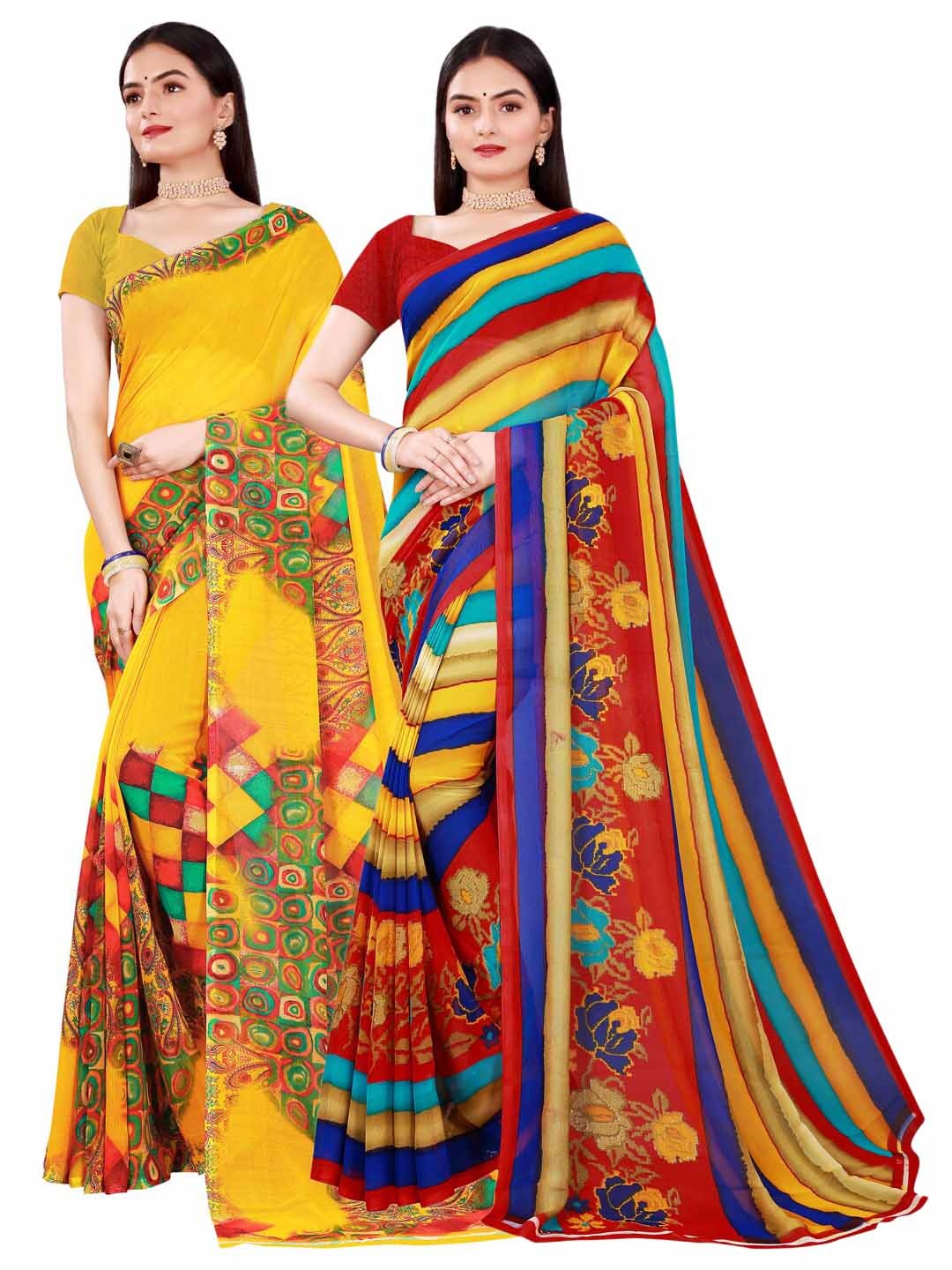 KALINI Yellow & Red Floral Pure Georgette Saree