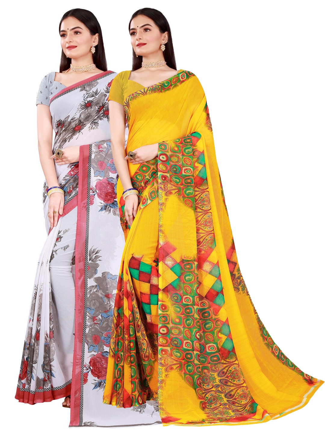 

KALINI Yellow & White Pure Georgette Saree