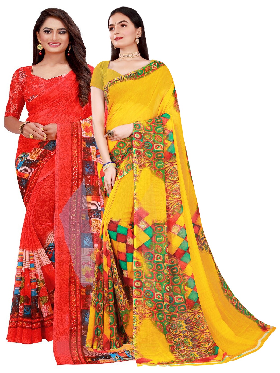 

KALINI Set Of 2 Yellow & Red Floral Pure Georgette Saree