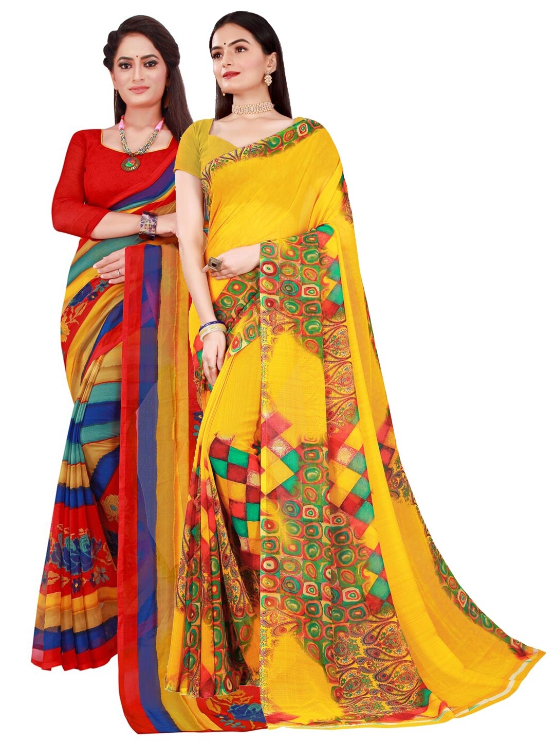 

KALINI Pack Of 2 Yellow & Red Pure Georgette Saree