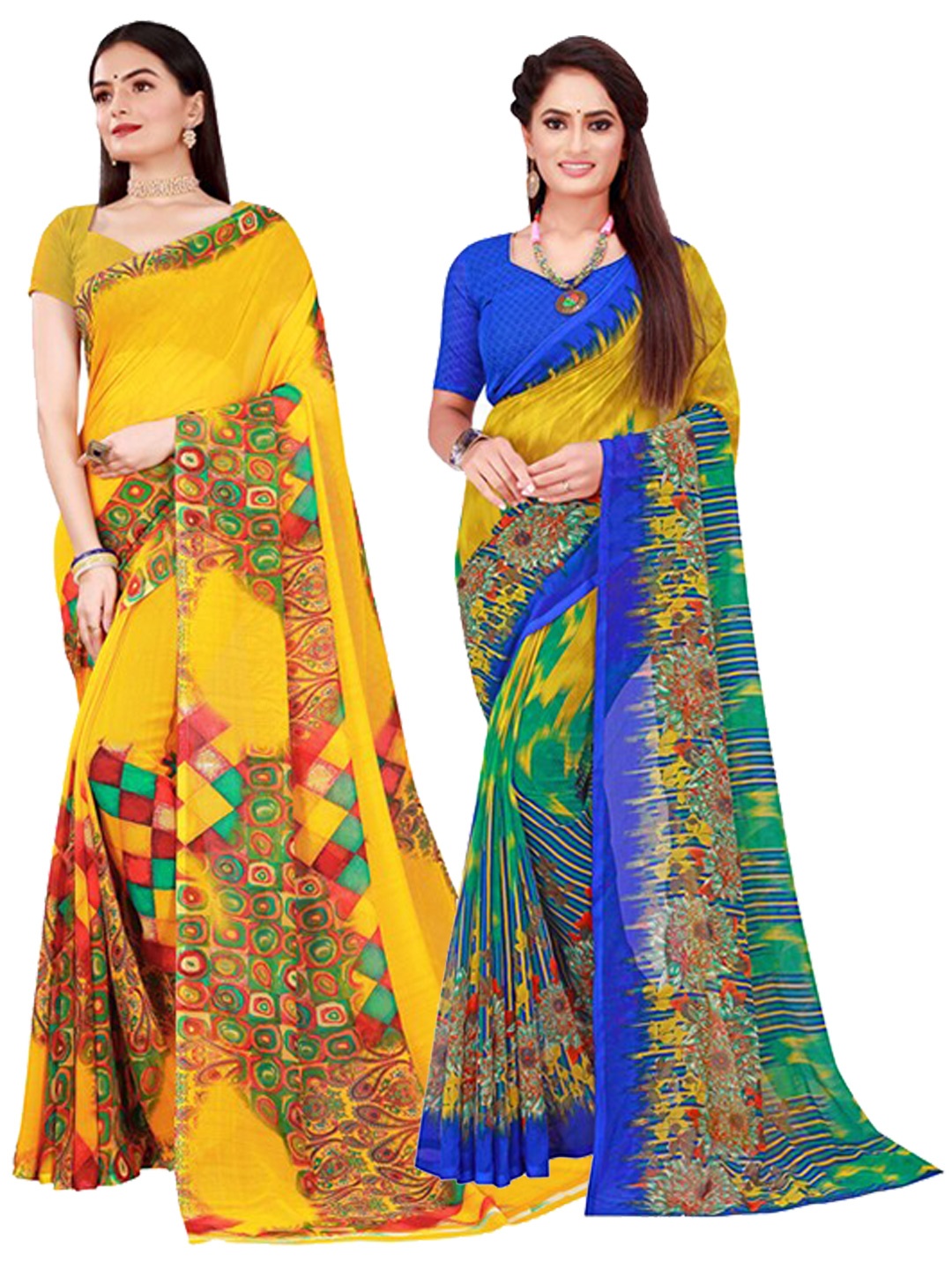 

KALINI Pack Of 2 Women Yellow & Green Pure Georgette Saree