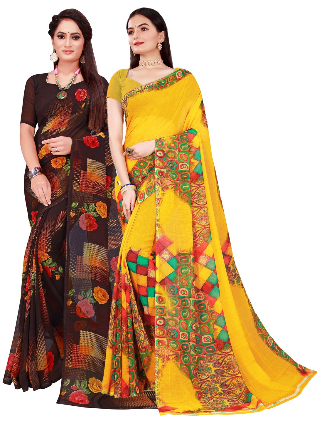 

KALINI Women Pack of 2 Yellow & Black Printed Pure Georgette Saree