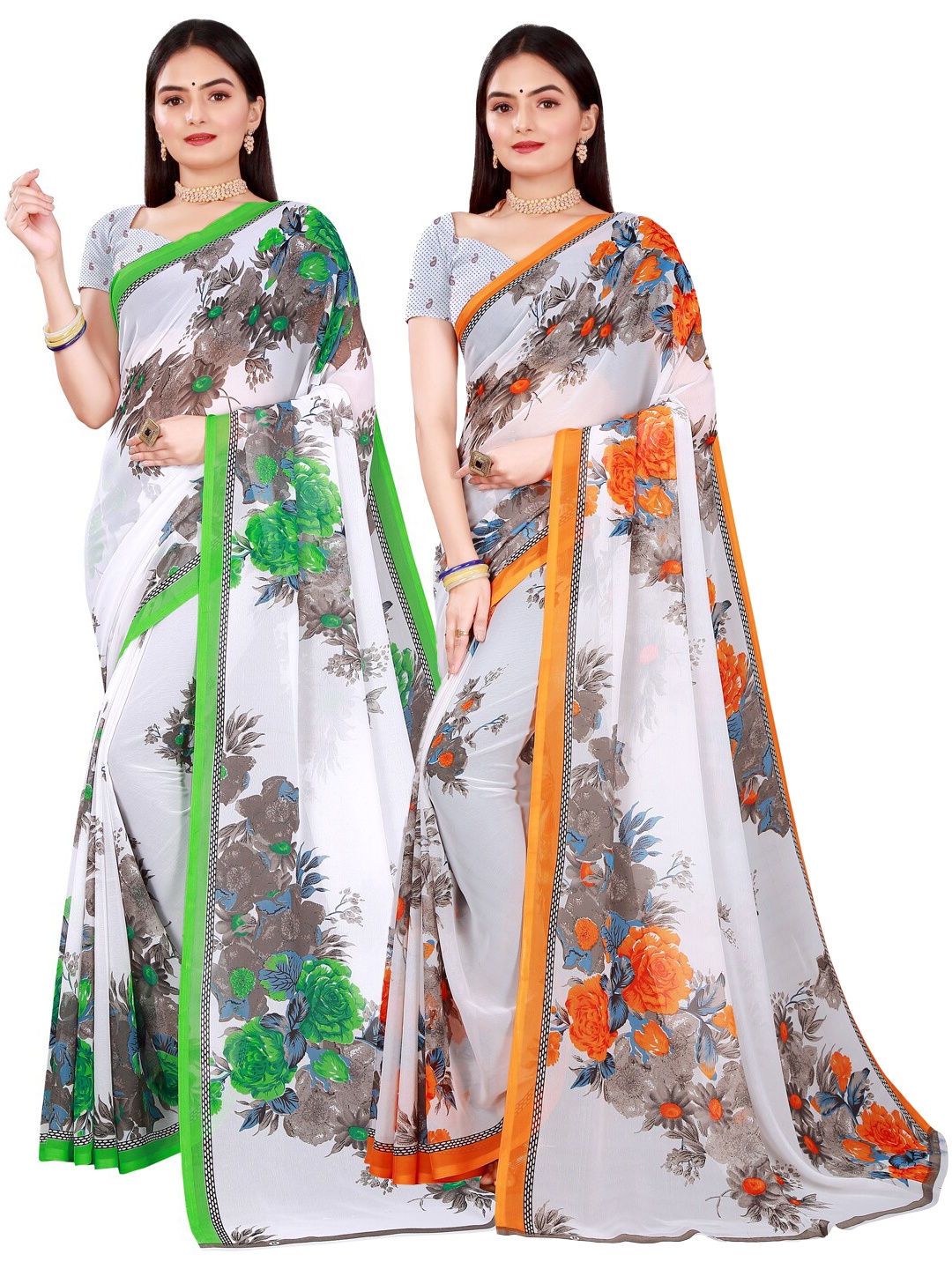 

KALINI White & Green Pack of 2 Pure Georgette Saree