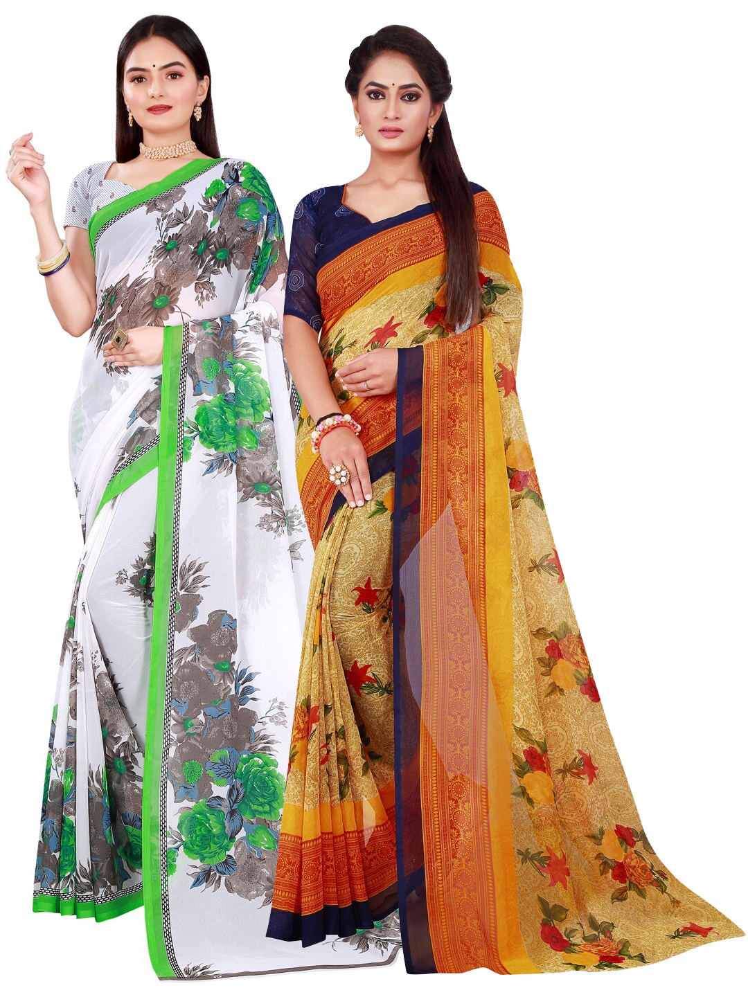 

KALINI Pack of 2 White & Yellow Floral Pure Georgette Saree