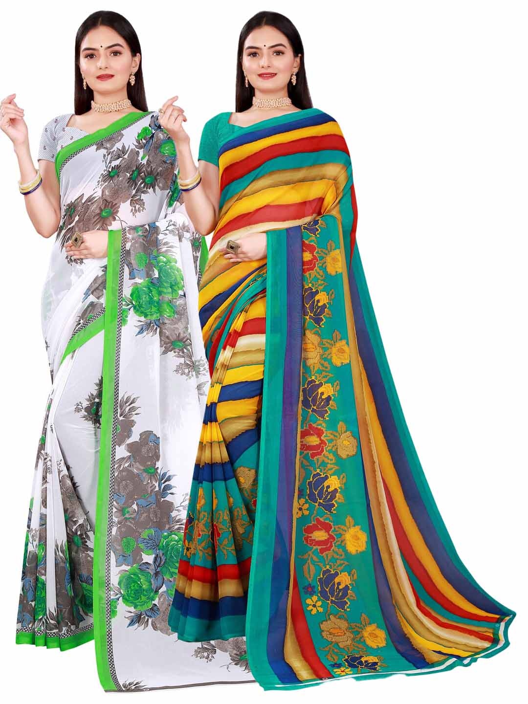 

KALINI Pack of 2 White & Yellow Ethnic Motifs Pure Georgette Saree