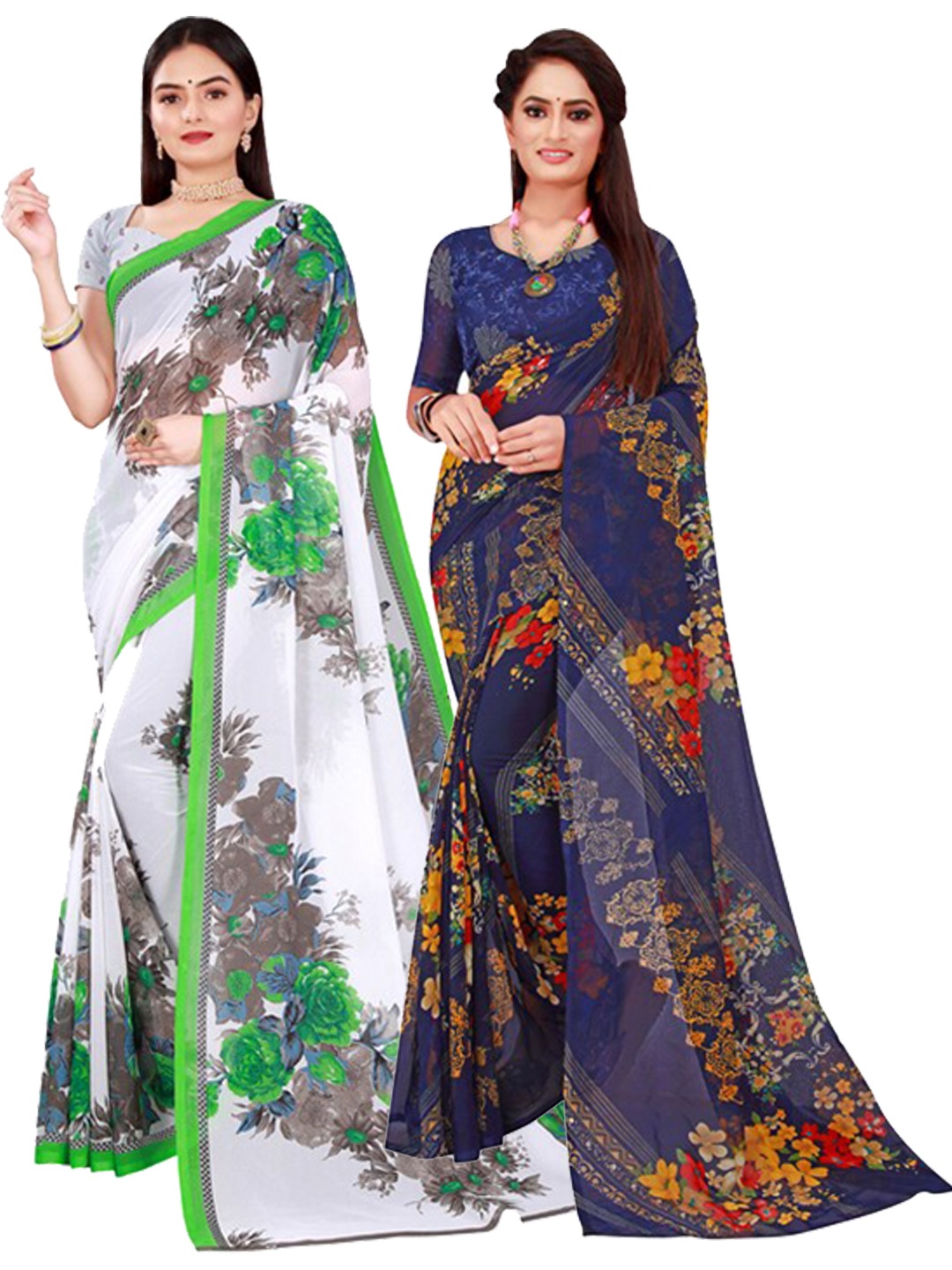 

KALINI Women Pack of 2 White & Blue Floral Print Pure Georgette Saree