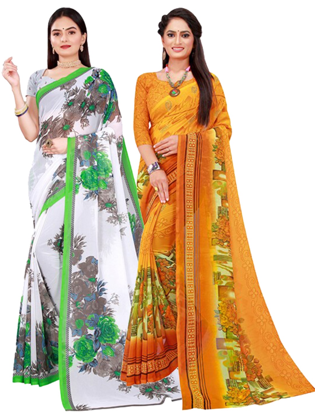 

KALINI Pack of 2 White & Yellow Floral Pure Georgette Saree