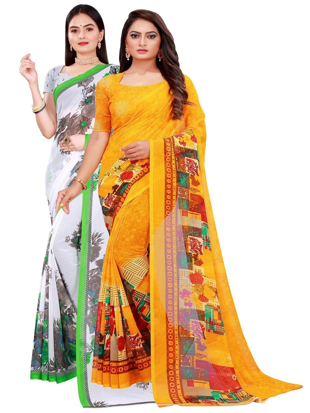 

KALINI Women Pack Of 2 White & Yellow Printed Pure Georgette Saree