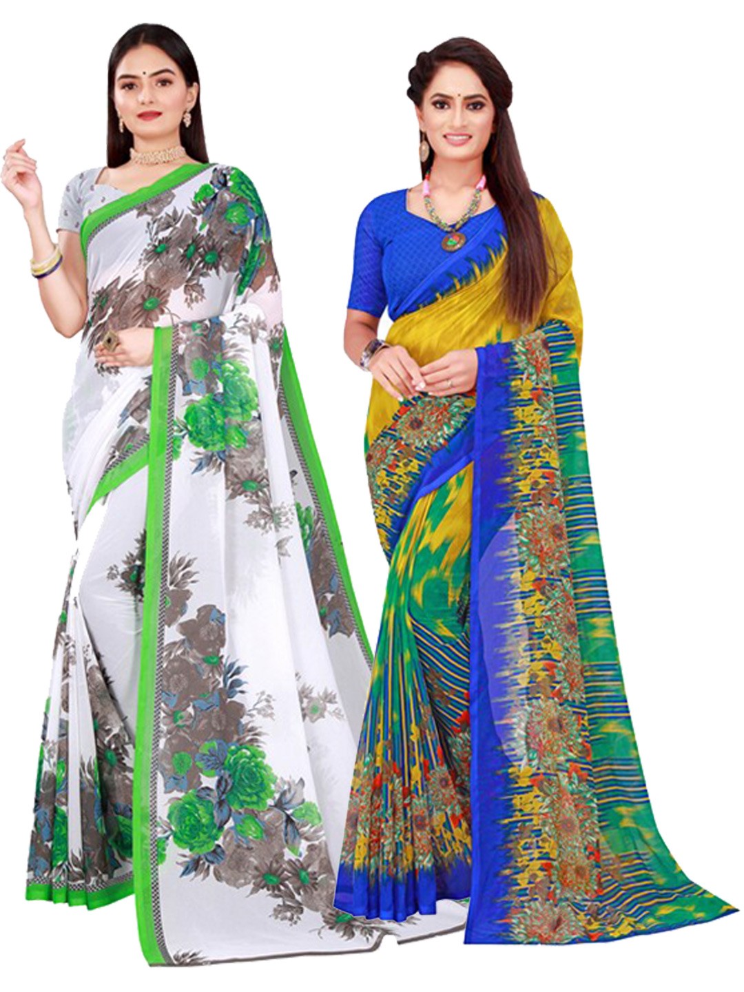 

KALINI Pack of 2 White & Green Floral Pure Georgette Saree