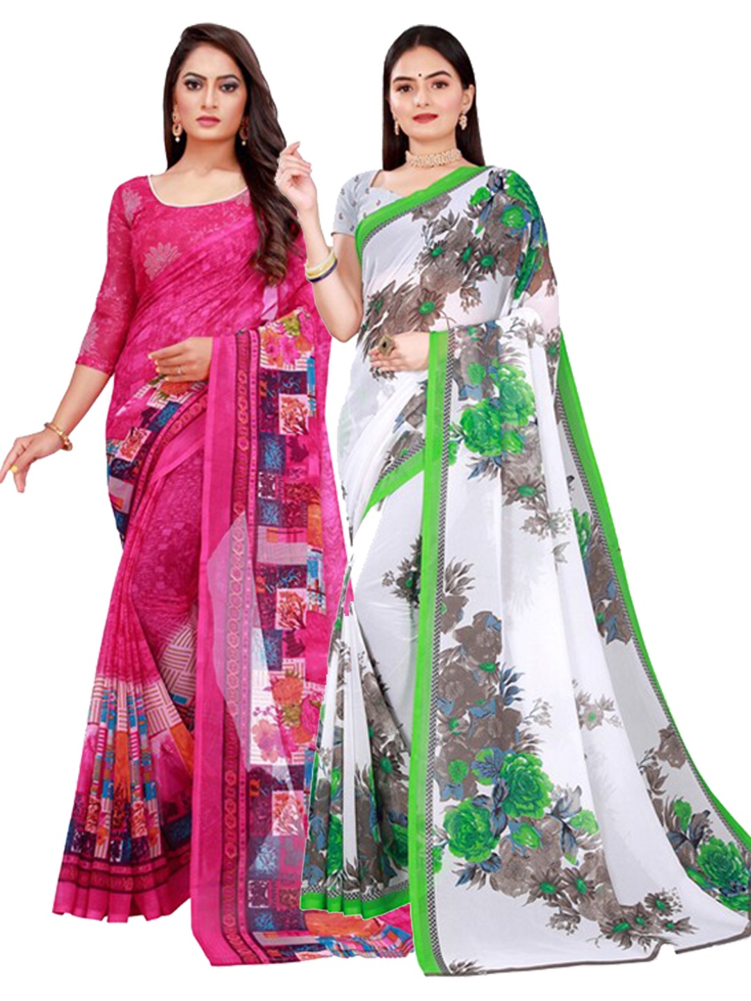 

KALINI Pack of 2 White & Pink Pure Georgette Sarees