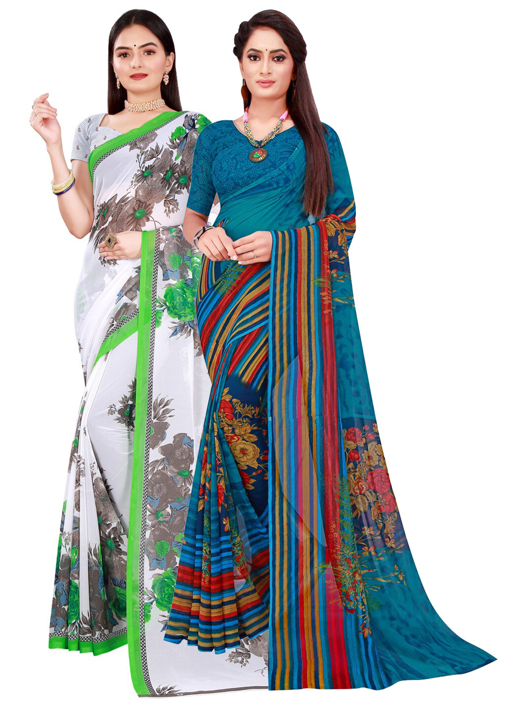 

KALINI Pack Of 2 White & Blue Floral Pure Georgette Saree