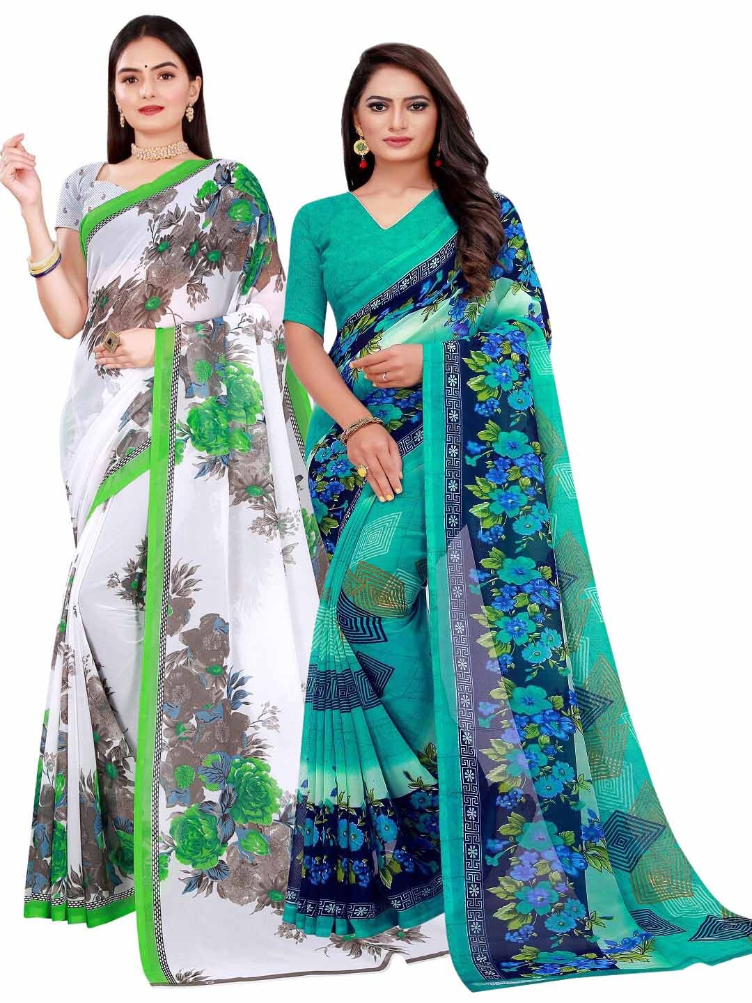 

KALINI Pack of 2 White & Teal Floral Pure Georgette Saree