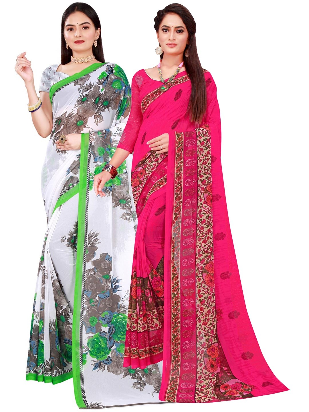 

KALINI Set Of 2 White & Pink Pure Printed Floral Georgette Saree