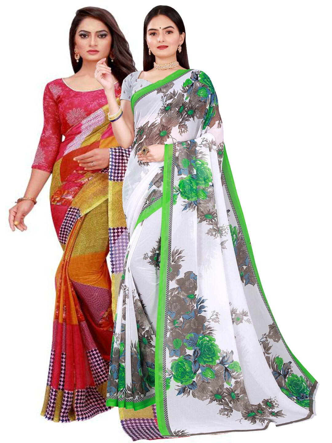 

KALINI White & Multicoloured Pack of 2 Floral Pure Georgette Saree