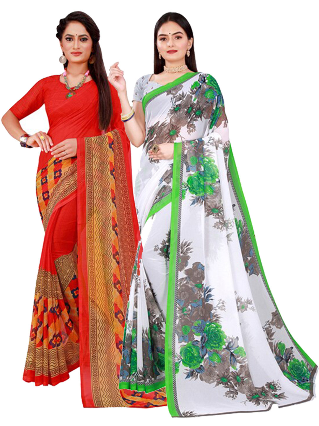 

KALINI Pack of 2 White & Red Floral Pure Georgette Saree