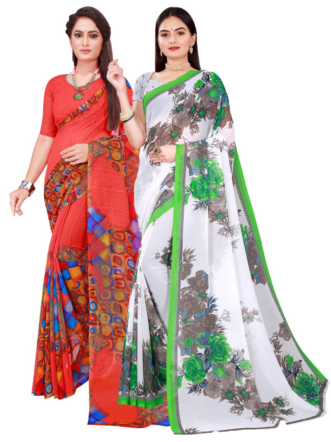 

KALINI Set Of 2 White & Red Floral Pure Georgette Saree