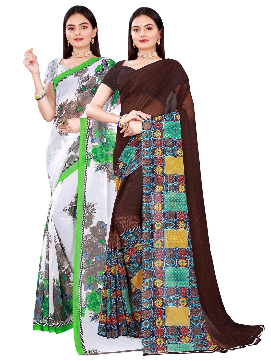 

KALINI Pack of 2 White & Brown Floral Printed Pure Georgette Saree