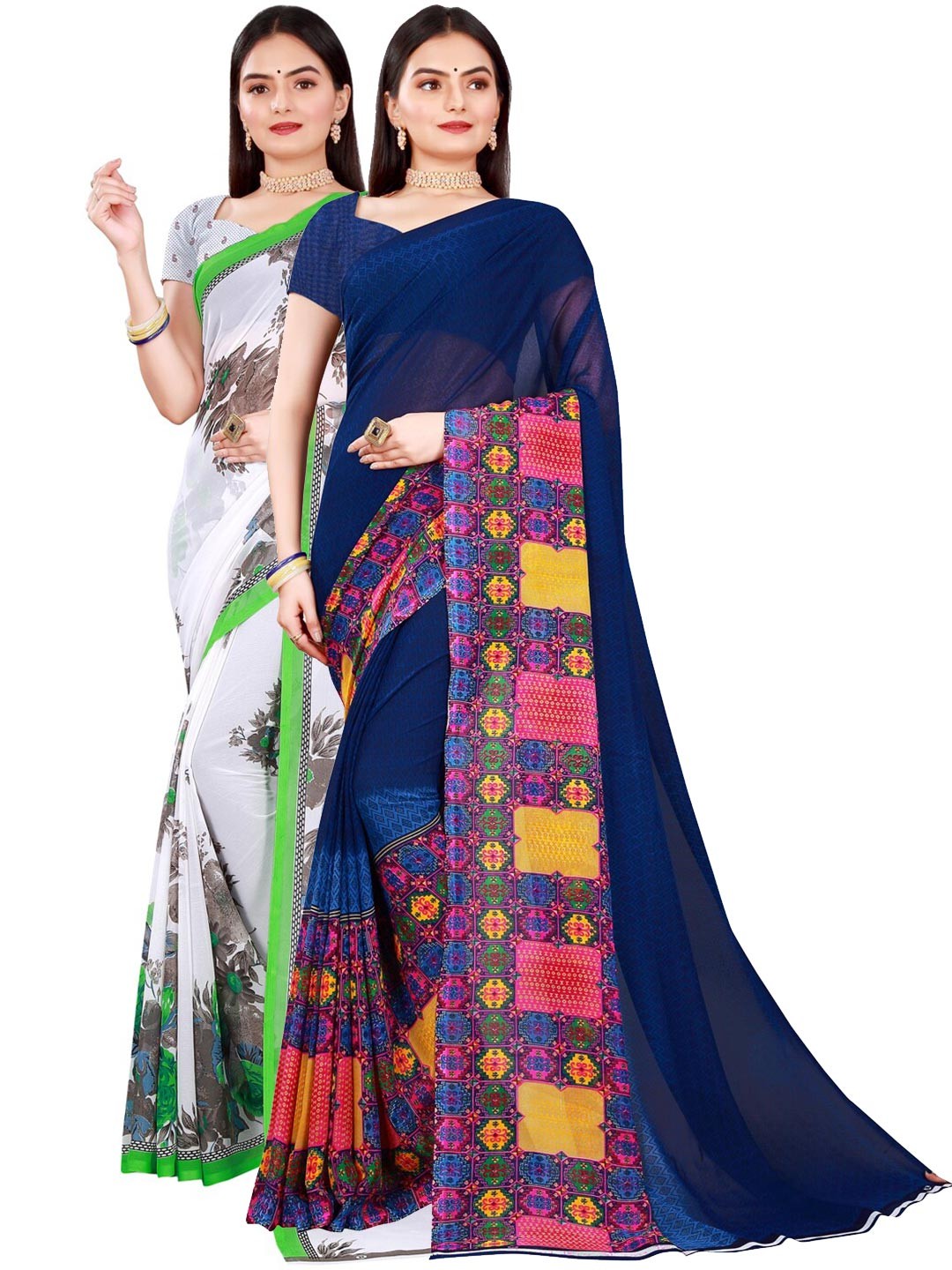 

KALINI Pack Of 2 Women White & Navy Blue Floral Pure Georgette Saree