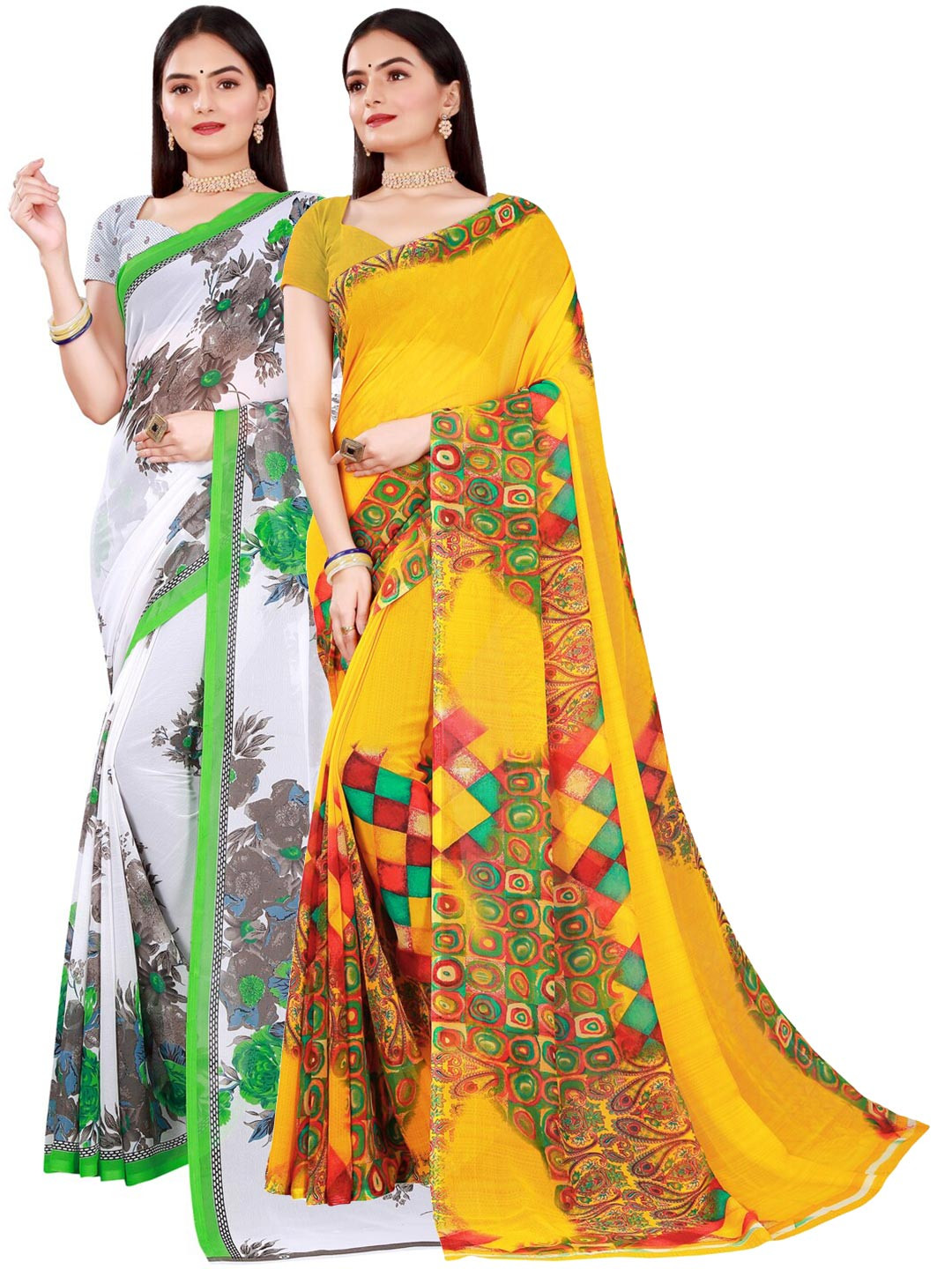

KALINI Set Of 2 White & Yellow Floral Pure Georgette Saree