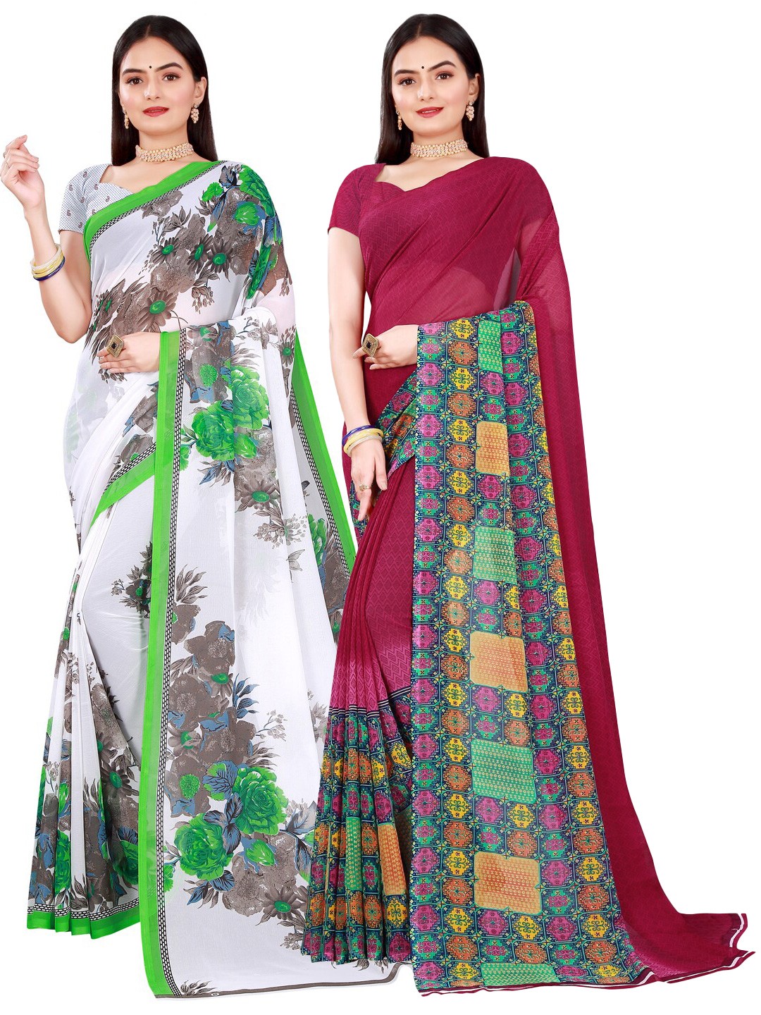 

KALINI Women Pack of 2 White & Pink Printed Pure Georgette Saree