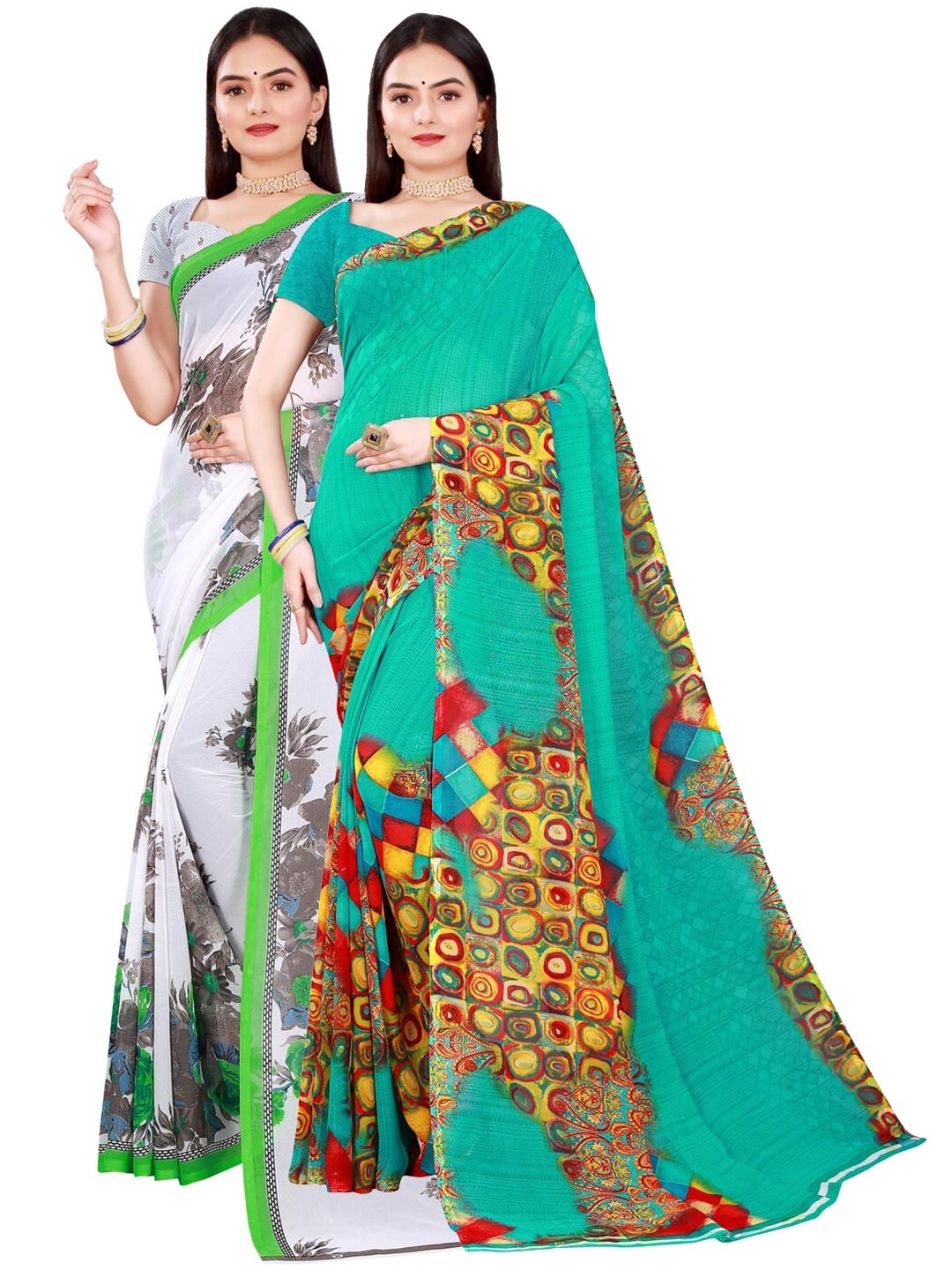 

KALINI Pack of 2 White & Green Printed Pure Georgette Saree