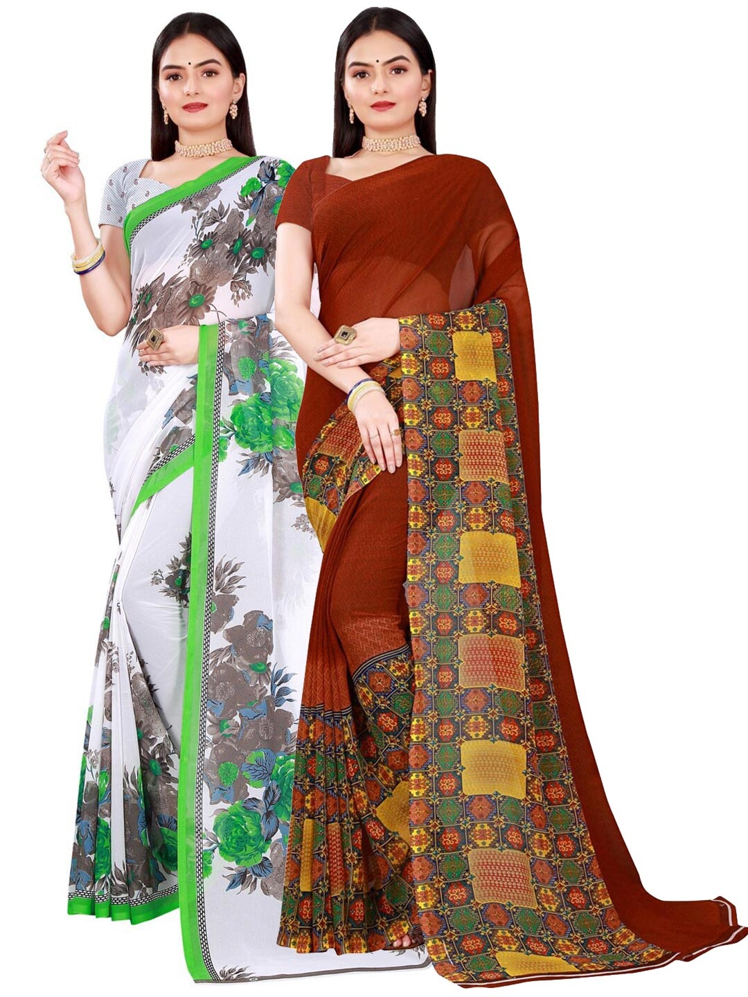 

KALINI Pack of 2 White & Maroon Floral Pure Georgette Saree