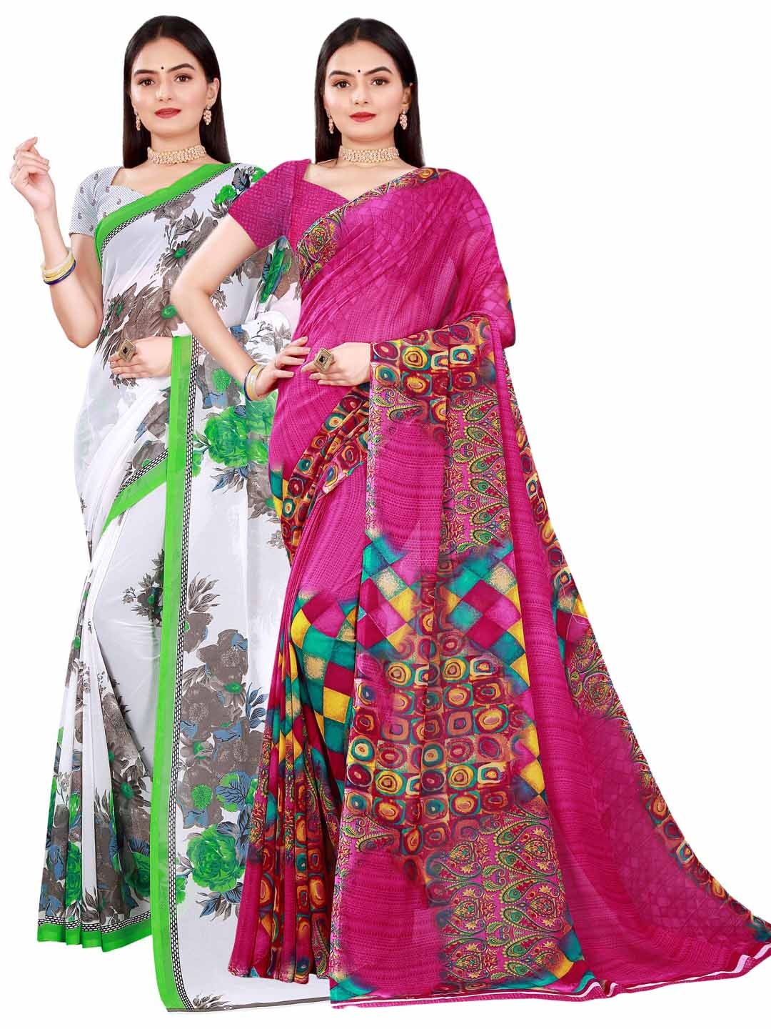 

KALINI White & Pink Pack of 2 Pure Georgette Saree