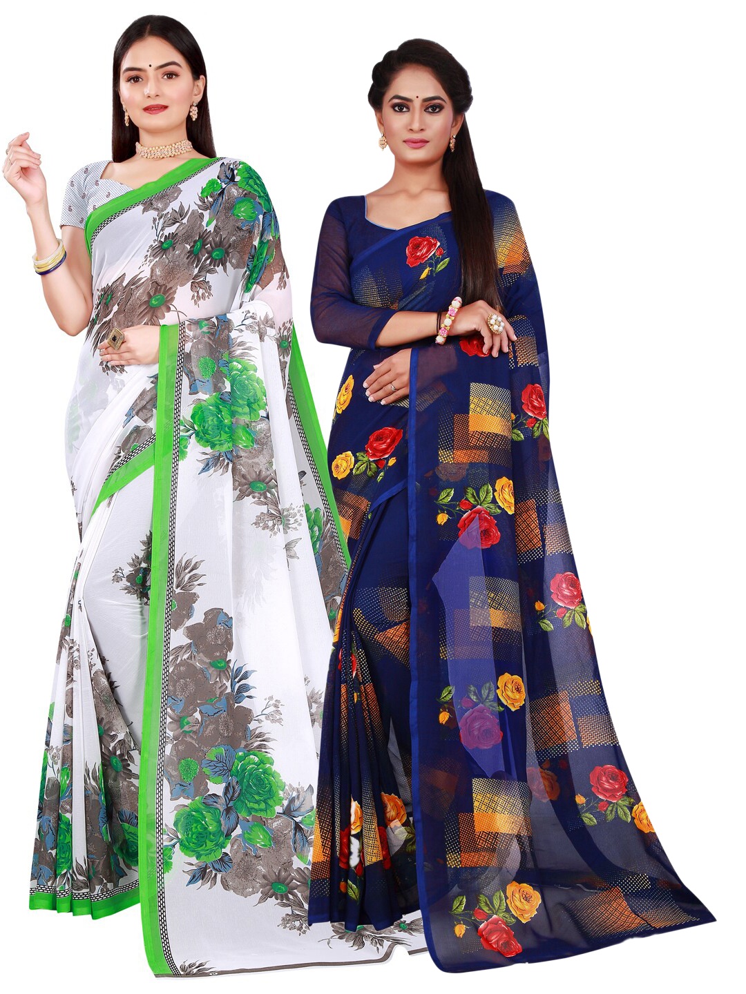 

KALINI Pack of 2 Women White & Blue Floral Pure Georgette Saree