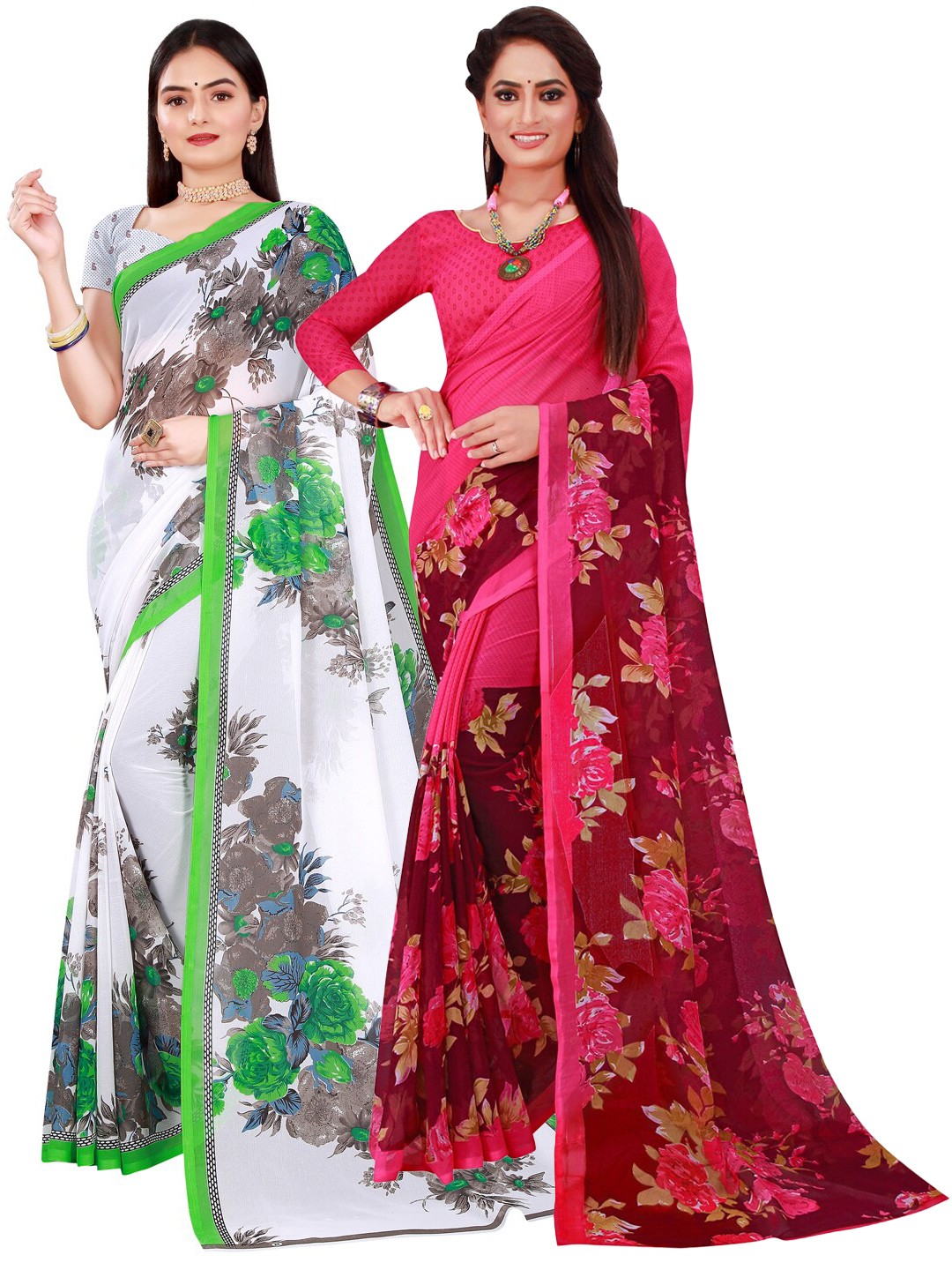 

KALINI Pack Of 2 White & Pink Floral Pure Georgette Saree