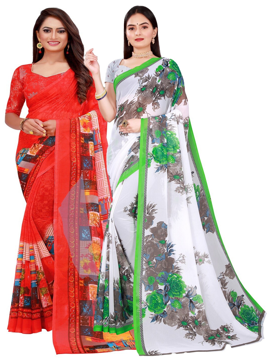 

KALINI Pack of 2 White & Red Floral Pure Georgette Saree
