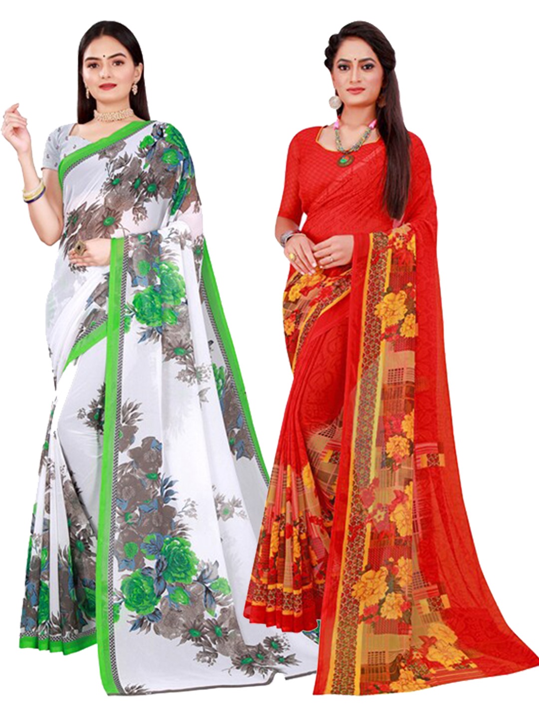 

KALINI Pack Of 2 White & Red Printed Pure Georgette Saree With Unstitched Blouse Piece